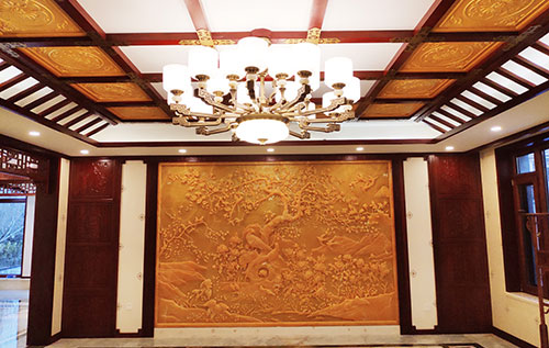 龙潭中式别墅客厅中式木作横梁吊顶装饰展示